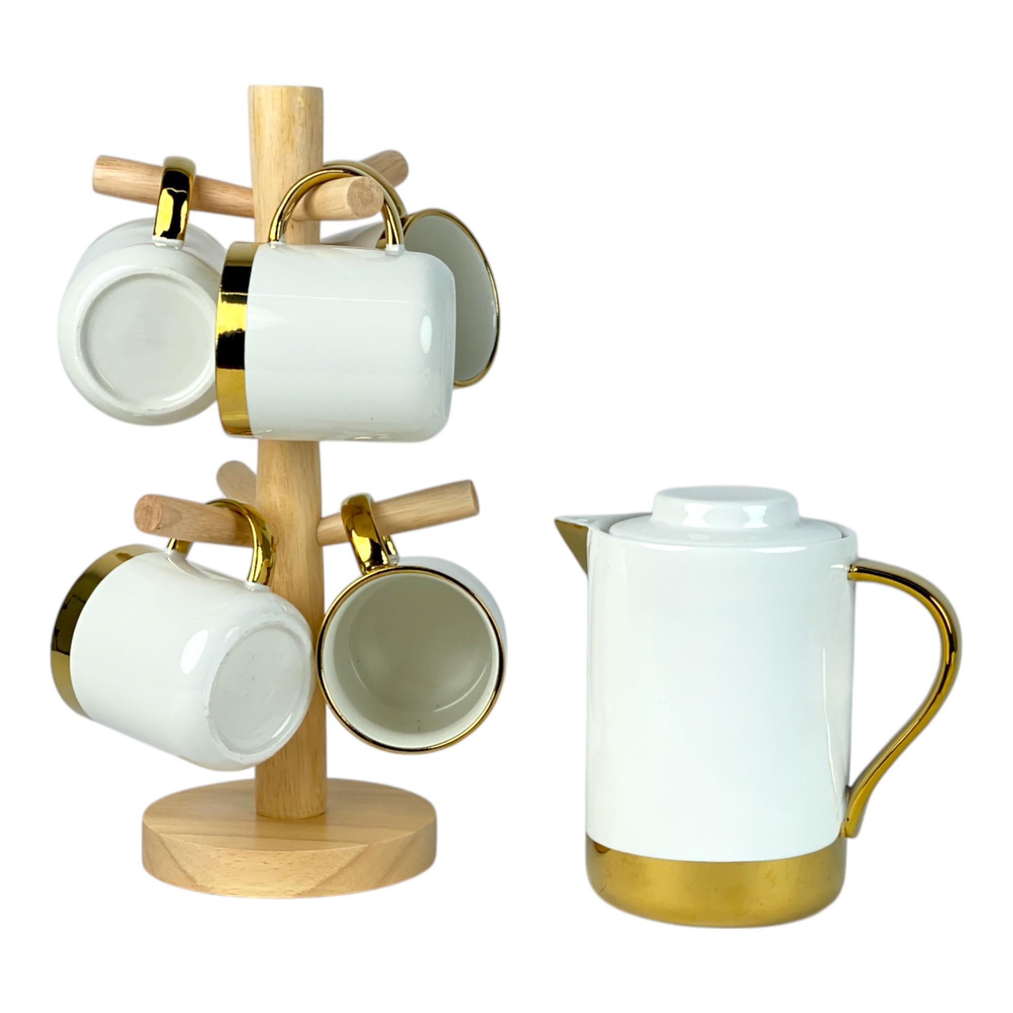 tea pot and tea cups with bamboo stand - 087-880205