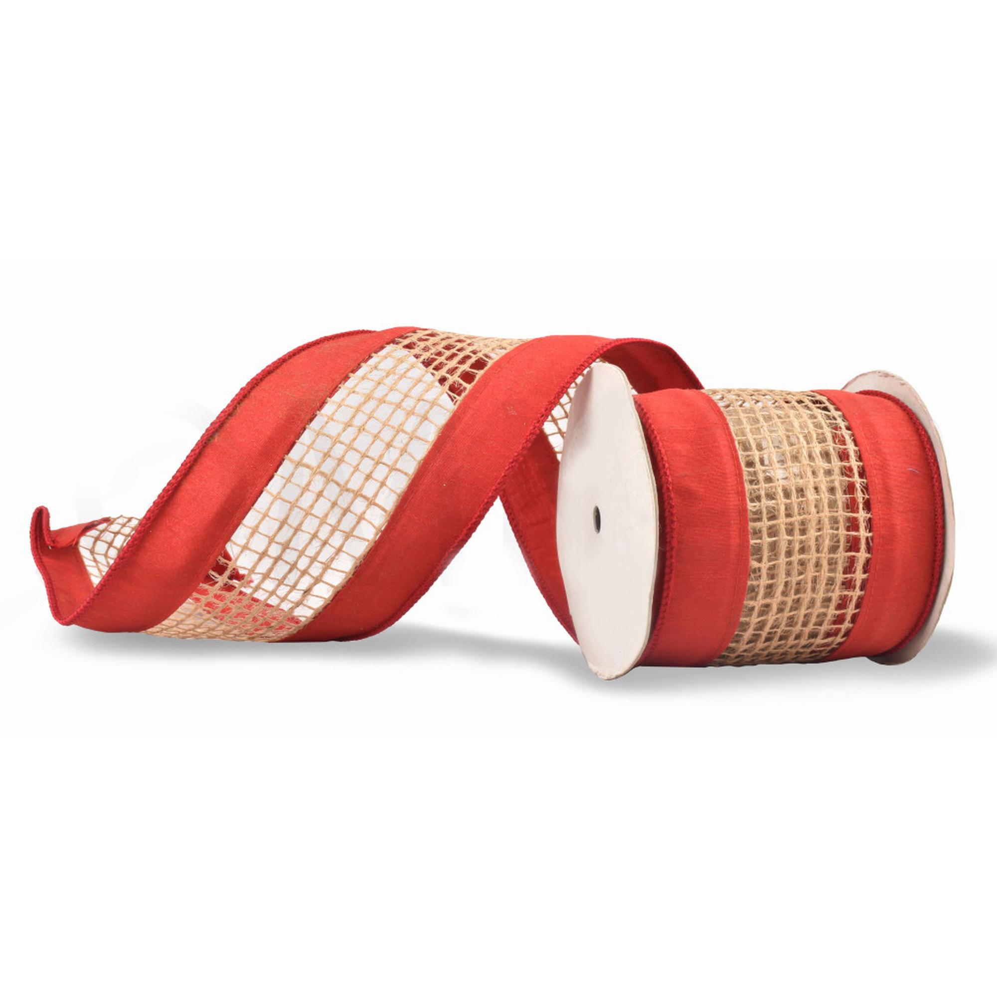 4"X 6 YD OPEN WEAVE JUTE IN THE CENTER OF RED DUPION RIBBON - 130-350017