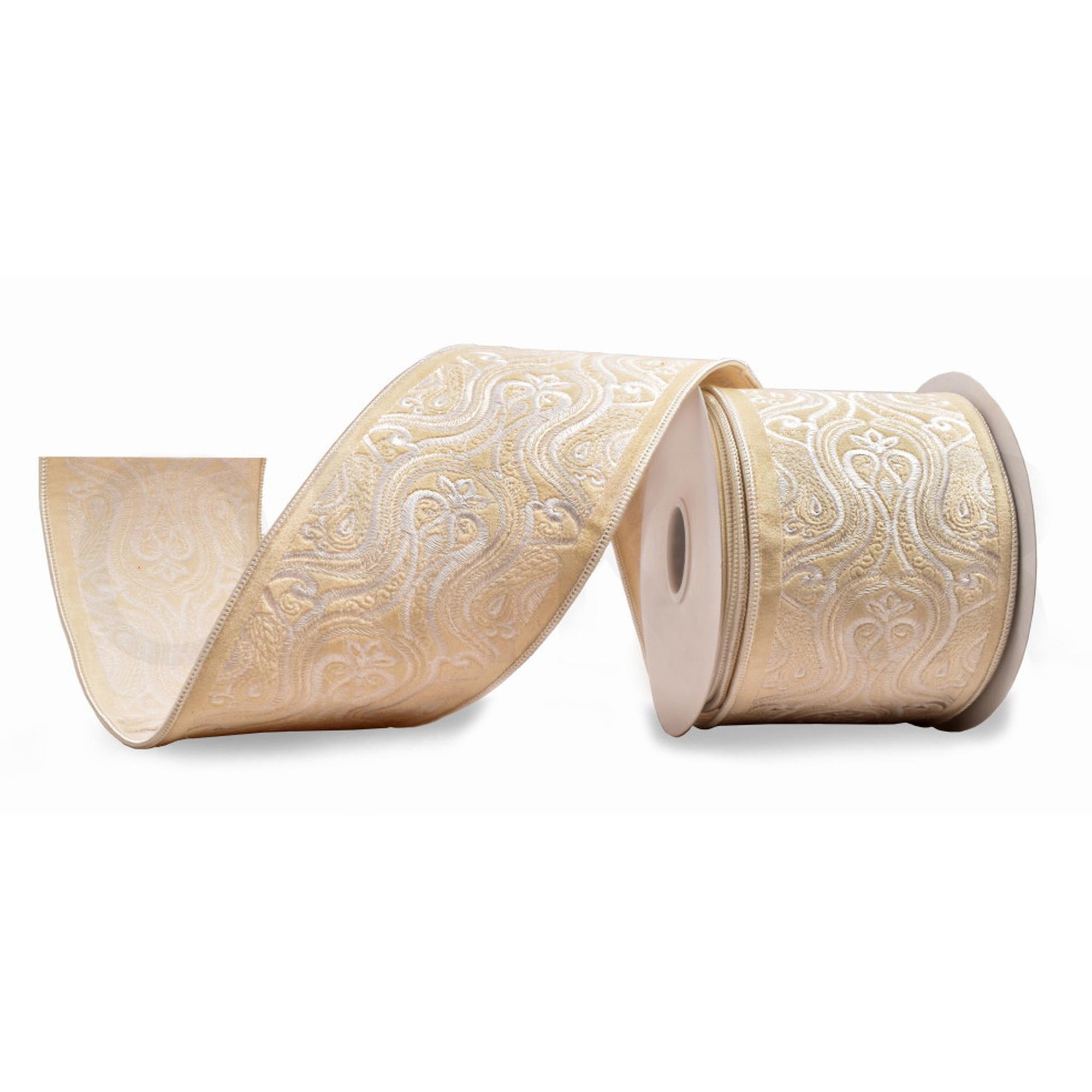 4"X6YD gold damask jaquard ribbon on ivory fabric with cream - 130-350032