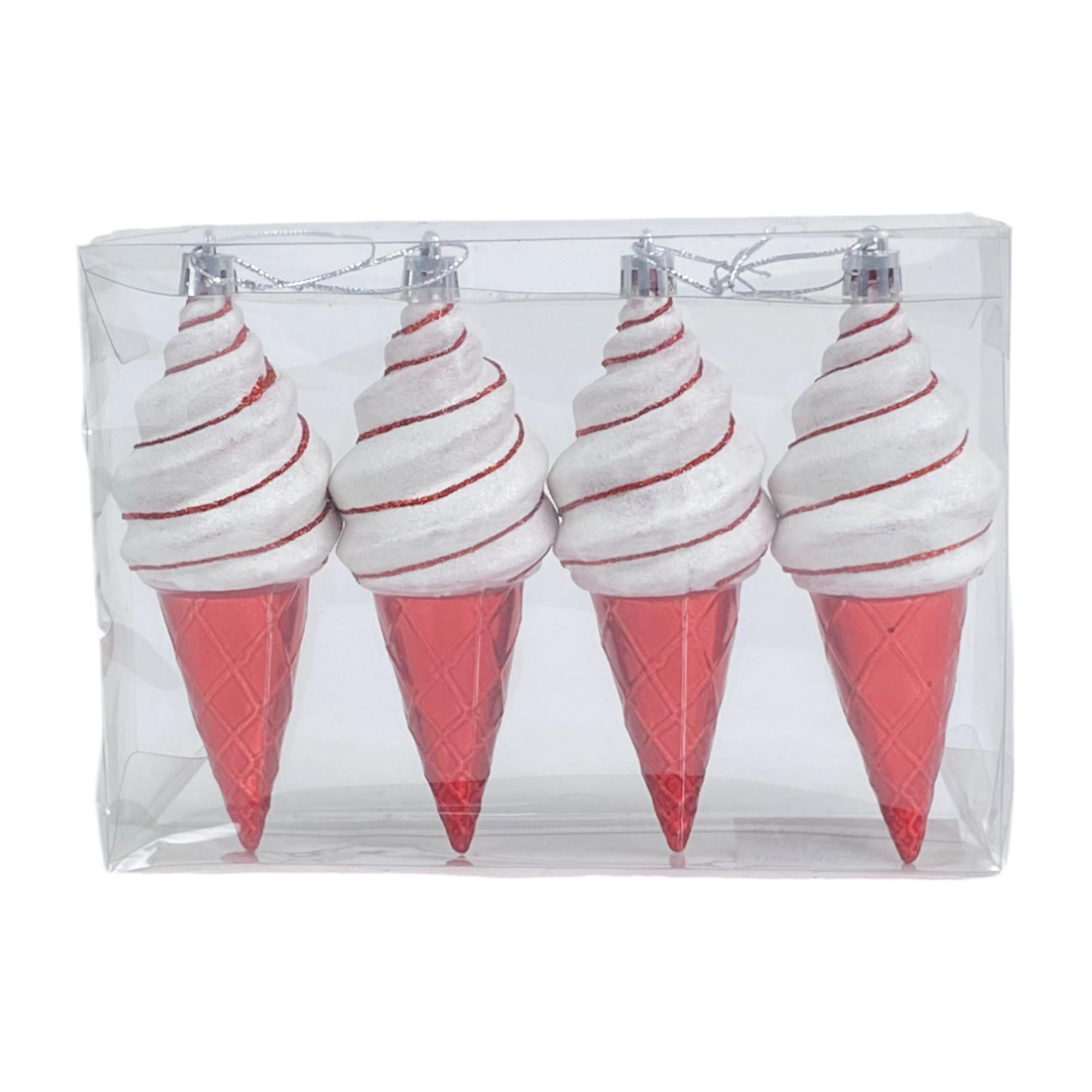 4PCS PLASTIC ICE CREAM ORNAMENT IN RED/WHITE COLOR AND GLITT - 140-3400248