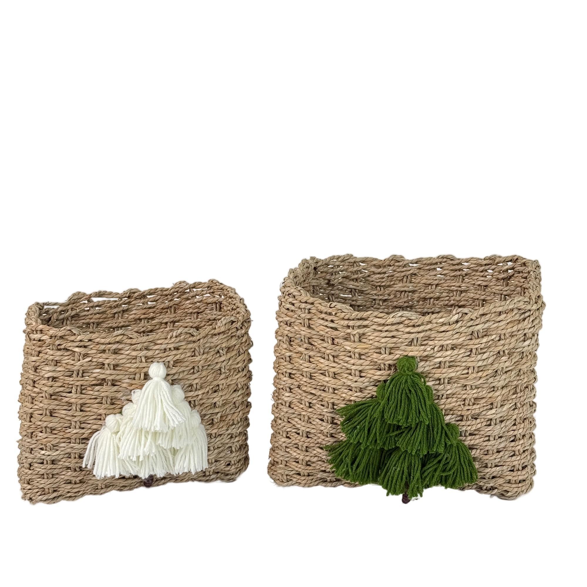 S/2 GRASS BASKET WITH COTTON TREE DECO - 202-2900086