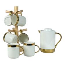 tea pot and tea cups with bamboo stand - 087-880205