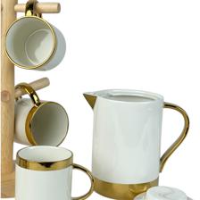 tea pot and tea cups with bamboo stand - 087-880205