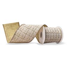 4"X 6 YD  IVORY GOLD TWEED FABRIC RIBBON WITH GOLD SHEER BAC - 130-350020