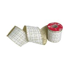 4"X 6 YD  IVORY GOLD TWEED FABRIC RIBBON WITH GOLD SHEER BAC - 130-350020