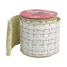 4"X 6 YD  IVORY GOLD TWEED FABRIC RIBBON WITH GOLD SHEER BAC - 130-350020