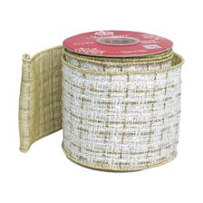 4"X 6 YD  IVORY GOLD TWEED FABRIC RIBBON WITH GOLD SHEER BAC - 130-350020