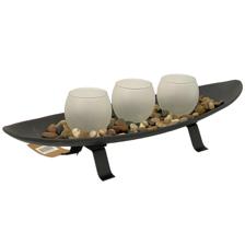 MDF boat candle holder with 3frosted glass and river stones - 567-59159