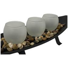 MDF boat candle holder with 3frosted glass and river stones - 567-59159