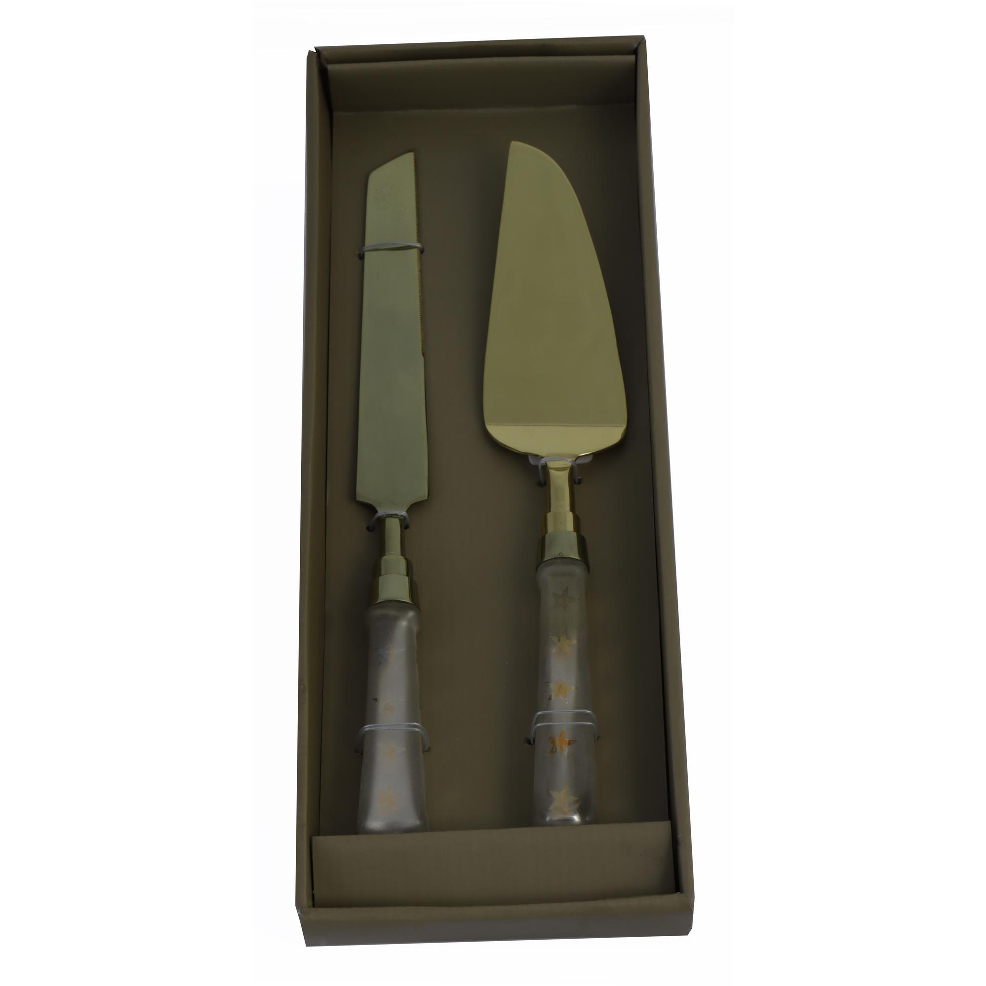 S/2 DESSERT SET GOLD FINISH &GOLD GLASS HANDLE - 429-66000036