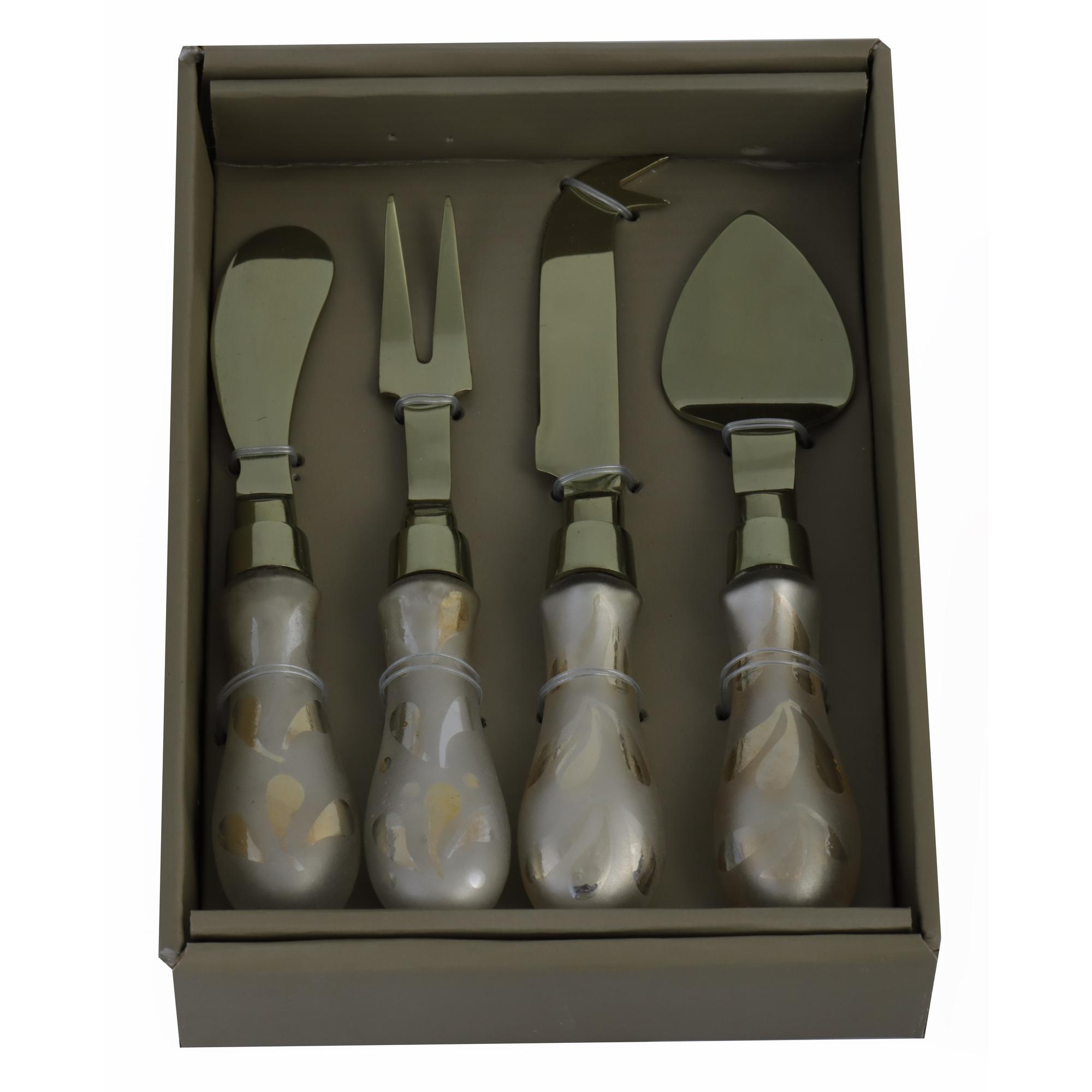 S/4 CHEESE SET GOLD FINISH & GOLD GLASS HANDLE - 429-66000037