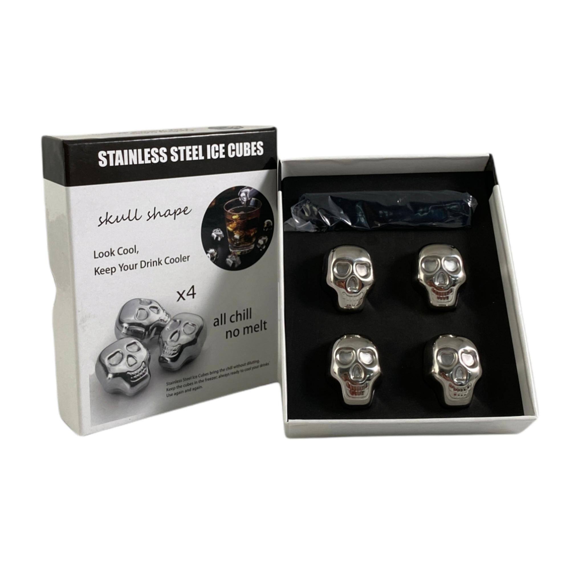 4pc stainless steel skull shape cooling cubes with velvet ba - 567-41831
