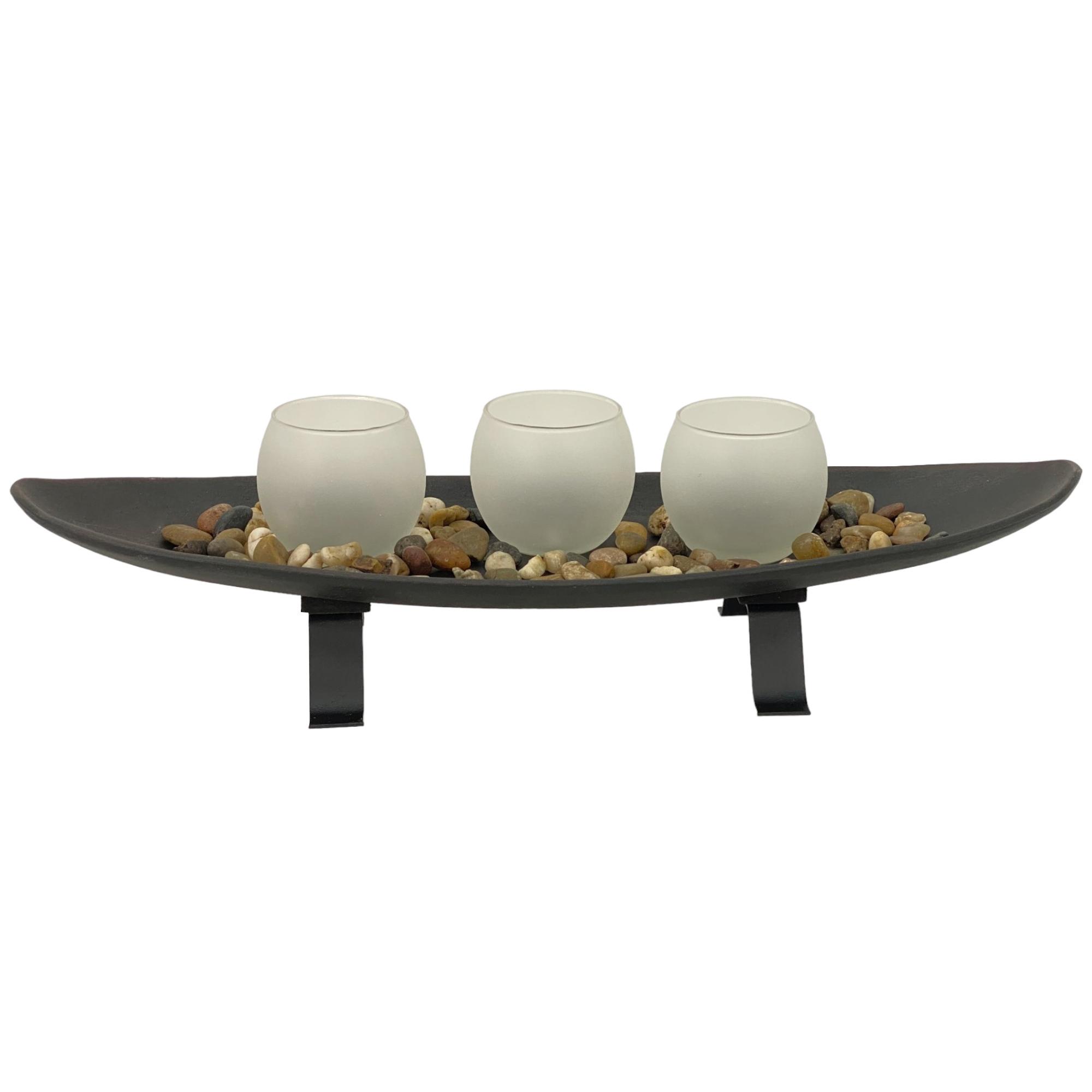 MDF boat candle holder with 3frosted glass and river stones - 567-59159